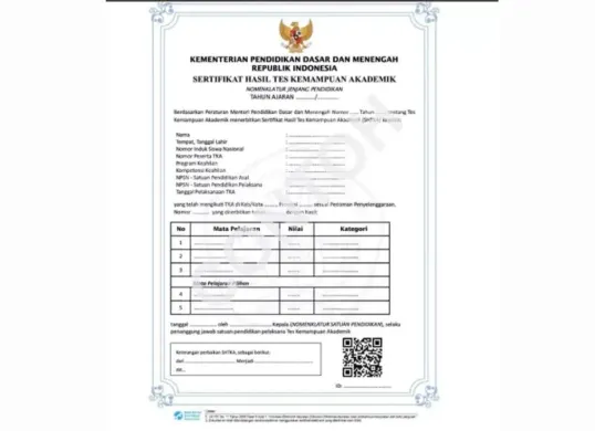 Ilustrasi sertifikat TKA. (Sumber: jdih.kemendikdasmen.go.id)