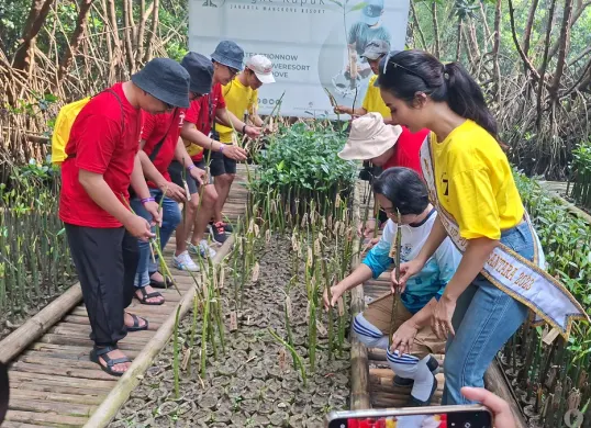 Penanaman bibit pohon mangrove secara simbolis dalam peringatan HUT ke-7 Maxim Indonesia, Sabtu, 14 Juni 2025. (Sumber: Poskota/Angga Pahlevi)