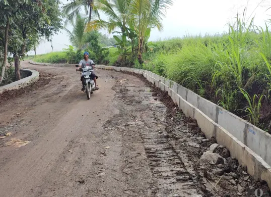 Salah satu proyek pembangunan jalan oleh DPUPR Pandeglang tahun 2024 yang jadi temuan BPK RI perwakilan Banten. (Sumber: Poskota/Samsul Fatoni)