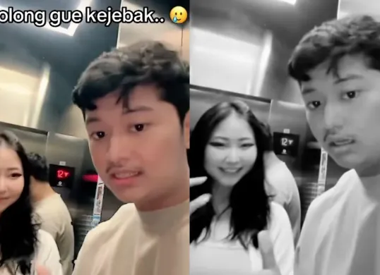 Tangkapan video viral Ello MG dan Msbreewc yang terjebak di lift. (Sumber: TikTok/ellomgxmsbrewzoom)