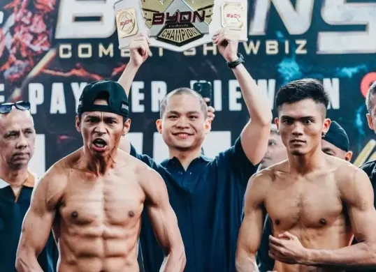 Kkajhe dan Aziz Calim saat face off jelang duel keduanya di Byon Combat 5. (Sumber: Instagram/@byoncombat)