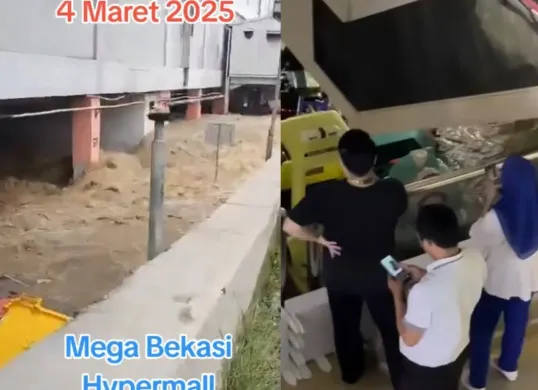 Banjir di Mega Mall Bekasi pada Selasa, 4 Maret 2025 (Sumber: TikTok/ @sigitsatriani dan @veveprama)