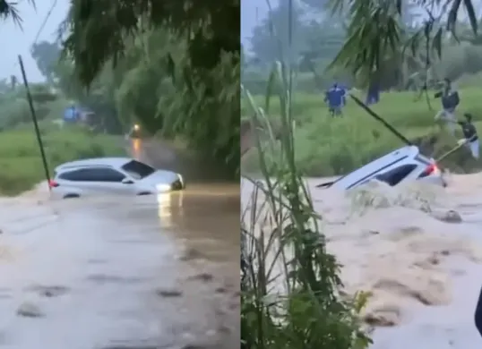 Momen mobil hanyut terseret arus banjir di Bekasi, Jawa Barat. (Sumber: Tangkap Layar Instagram/@infokrw)