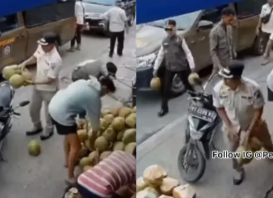 Viral petugas Satpol PP Samarinda ambil sejumlah kelapa milik pedagang saat menertibkan jalan trotoar. (Sumber: Tangkap Layar Instagram/@pembasmi.kehaluan.reall)