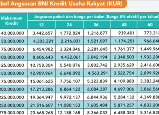 Ilustrasi tabel angsuran KUR BNI 2026. (Sumber: BNI Experience)