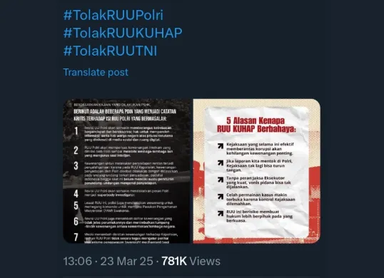 Tagar Tolak RUU Polri menyelimuti X (Sumber: X/@Dwynna_Win)