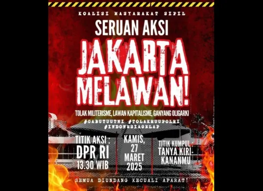Seruan aksi tolak UU TNI dan RUU Polri besok 27 Maret 2025 (Sumber: X/@barengwarga)