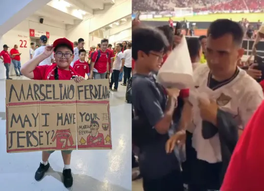 Momen seorang bapak-bapak merebut jersey Marselino Ferdinan dari seorang bocah saat nonton pertandingan Indonesia vs Bahrain. (Sumber: Tangkap Layar X/@MafiaWasit)
