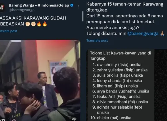 Penangkapan mahasiswa massa aksi tolak UU TNI di Karawang, 6 di antaranya perempuan (Sumber: X/@barengwarga dan @PF_PEDULI_)