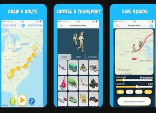 Tampilan aplikasi TravelBoast yang memungkinkan pengguna membuat animasi rute perjalanan secara interaktif. Aplikasi ini mempermudah visualisasi perjalanan mudik. (Sumber: PlayStore)