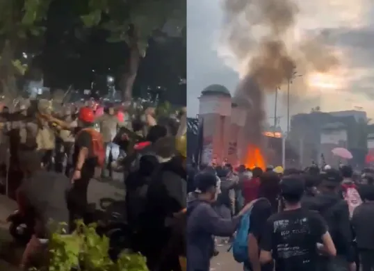 Aksi demo penolakan UU TNI dan RUU Polri berakhir ricuh (Sumber: X/@barengwarga)