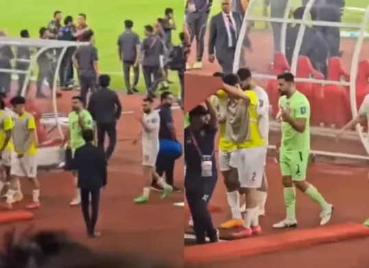 Momen kiper Bahrain mengacungkan jari tengah ke arah penonton saat pertandingan Timnas Indonesia vs Bahrain. (Sumber: Tangkap Layar Instagram/@unikinfold)
