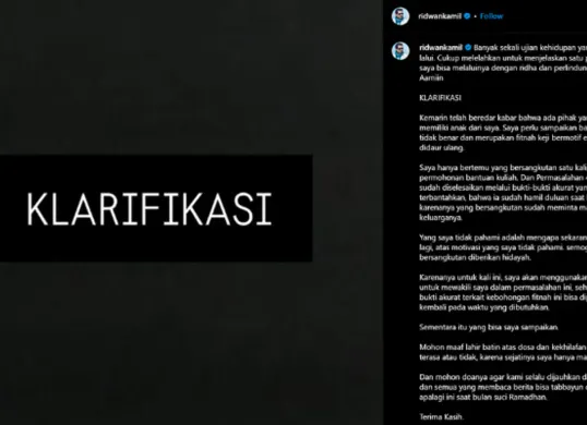Klarifikasi Ridwan Kamil atas tuduhan isu perselingkuhan. (Sumber: Instagram/@ridwankamil)