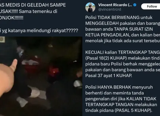 Tas tim medis akan tolak UU TNI dan RUU Polri digeledah polisi di Jakarta (Sumber: X/@vincentrcrd dan @kootummy)
