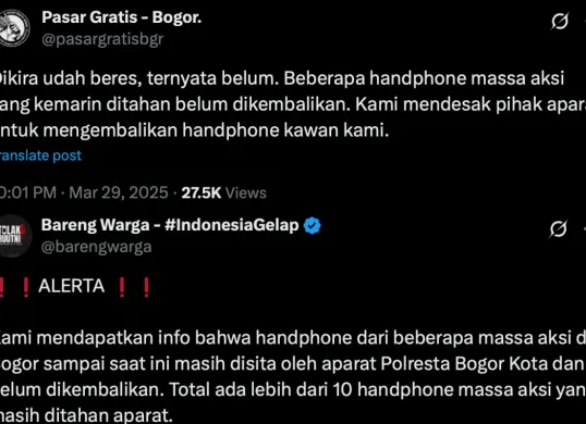 Tangkapan layar. Sejumlah ponsel milik massa aksi cabut UU TNI di Bogor masih disita polisi. (Sumber: X/@barengwarga)