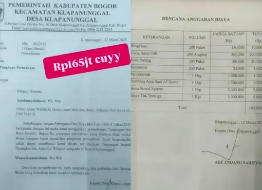 Surat betanda tangan Kades Klapanunggal, Bogor meminta THR kepada perusahaan hingga Rp165 juta. (Sumber: Instagram/@medsoszone)