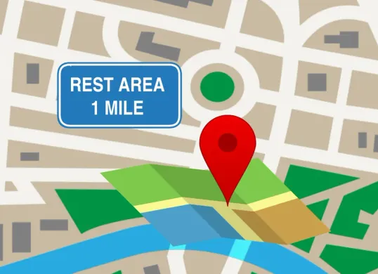 Cara mencari rest area terdekat menggunakan aplikasi Google Maps. (Desain Syarif Pulloh Anwari)