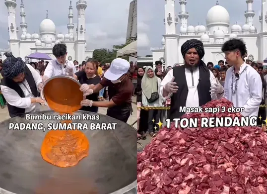 Momen Willie Salim dan Ustadz Derry memasak rendang sebanyak 1 ton daging di Depok. (Sumber: Tangkap Layar TikTok/@williesalim)
