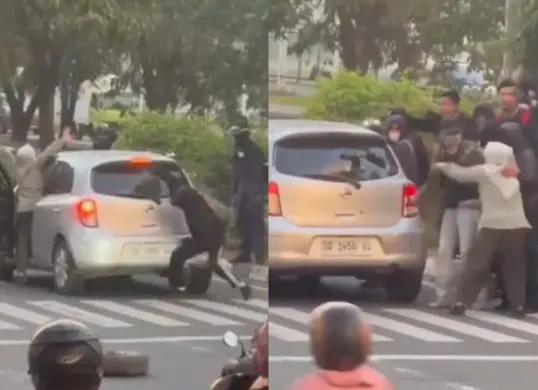 Mobil yang melintas milik ibu-ibu dirusak oleh segerombolan pria berpakaian hitam saat memperingati Hari Buruh atau May Day di Kota Makassar. (Sumber: Tangkap Layar Instagram/@medsoszone)