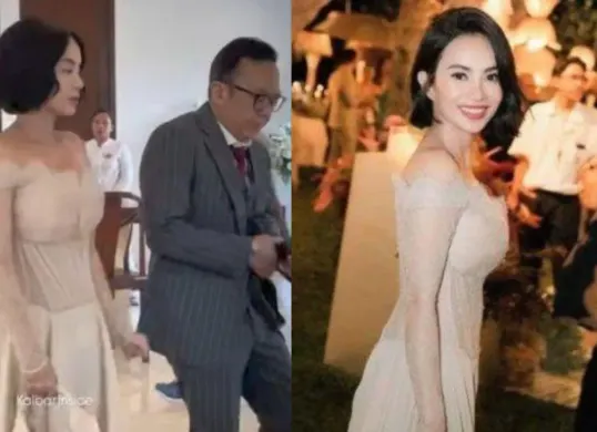 Dearly Desiana Joshua (kanan) bersama Ari Lasso di pernikahan Luna Maya – tampil elegan dengan busana krem, mencuri perhatian publik. (Sumber: Instagram/@dearlydjoshua)