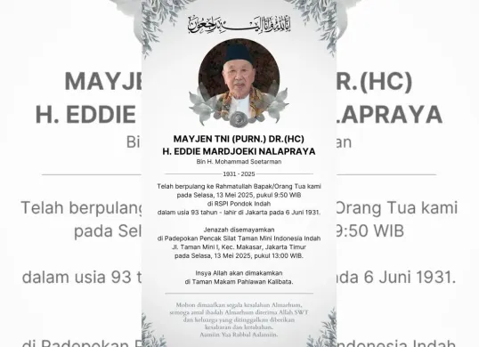 Mayjen TNI (Purn.) Dr. (HC) H. Eddie Mardjoeki Nalapraya, tokoh militer dan budayawan terkemuka Indonesia, meninggal dunia pada Selasa, 13 Mei 2025 pagi, pukul 09.50 WIB di RSPI Pondok Indah, Jakarta. (Sumber: Istimewa)