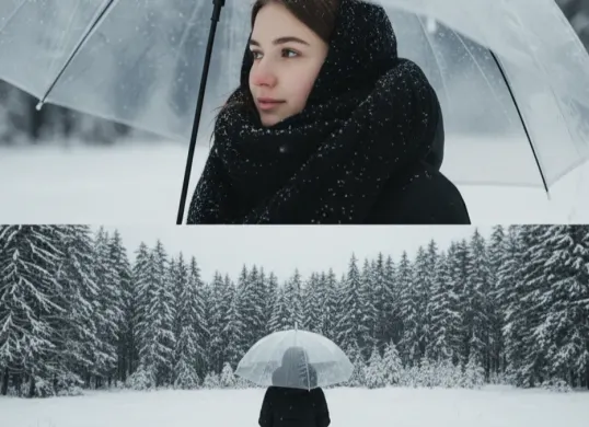 Hasil edit foto perempuan di salju pakai prompt Gemini AI. (Sumber: Gemini AI)