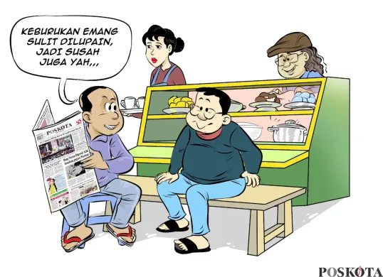 Ilustrasi obrolan warteg tentang sulitnya melupakan keburukan masa lalu, menggambarkan tema “Obrolan Warteg: Jangan Terjebak Perbedaan Masa Lalu.” (Sumber: Poskota/Arif Setiadi)
