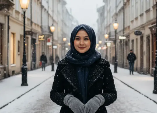 Hasil edit foto salju di jalanan eropa pakai prompt Gemini AI. (Sumber: Gemini AI)