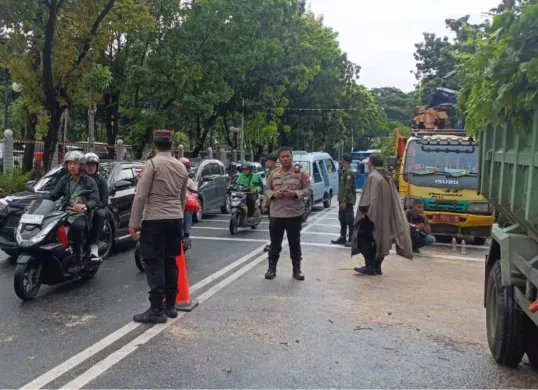 Petugas mengatur lalu lintas lokasi pohon tumbang di Jalan Wahidin Raya, dekat Kantor Kemenkeu, Pasar Baru, Sawah Besar, Jakarta Pusat, Jumat, 14 November 2025. (Sumber: Dok. Humas Polres Jakpus)