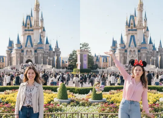 Hasil foto AI bertema liburan di Disneyland dengan latar Cinderella Castle, dibuat menggunakan prompt detail pada Gemini AI. (Sumber: Dok/Gemini AI)