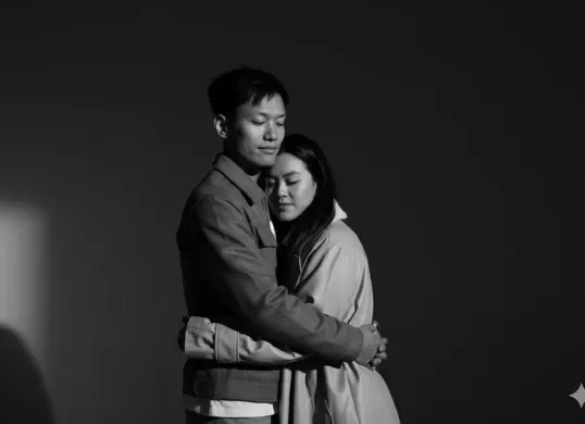 Hasil edit prompt Gemini AI pasangan kekinian bertema monokrom di studio. (Sumber: Freepik)
