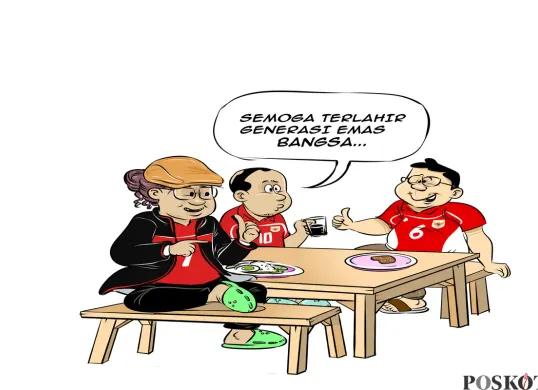 Ilustrasi obrolan warteg antara Bung Heri, Mas Bro, dan Bang Yudi membahas pentingnya mencetak generasi emas bangsa melalui program Sekolah Garuda. (Sumber: Poskota/Arif Setiadi)