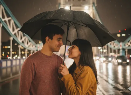 Hasil edit prompt Gemini AI foto pasangan ala prewedding di London Bridge dengan prompt Gemini AI. (Sumber: Freepik)