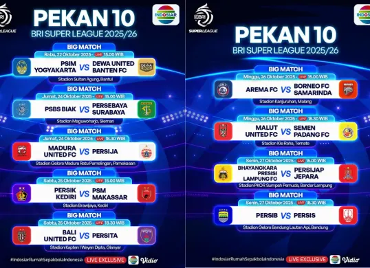 Jadwal BRI Super League 2025/2026 Pekan ke-10, Dimulai Besok Rabu 22 Oktober 2025 (Sumber: Instagram/sports.indosiar/Edited Muhammad Ibrahim)
