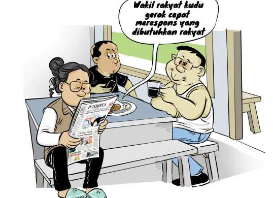 Ilustrasi obrolan warteg - Seseorang dari tiga sahabat berujar bahwa wakil rakyat harus cepat merespons kebutuhan publik dengan kebijakan nyata prorakyat. (Sumber: Poskota/Arif Setiadi)