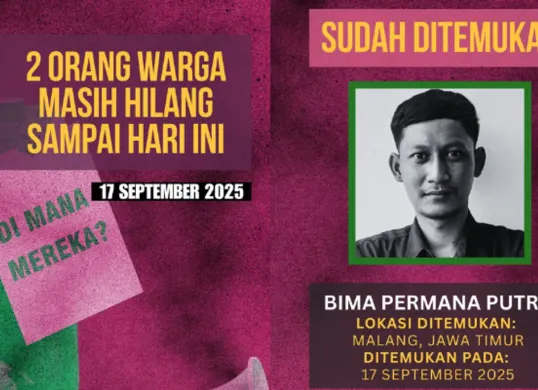 Ditemukan di Malang! Kabar terbaru soal Bima Permana Putra, satu dari tiga orang yang dilaporkan KontraS hilang pasca demonstrasi ricuh Jakarta akhir Agustus 2025. (Sumber: X/@KontraS)