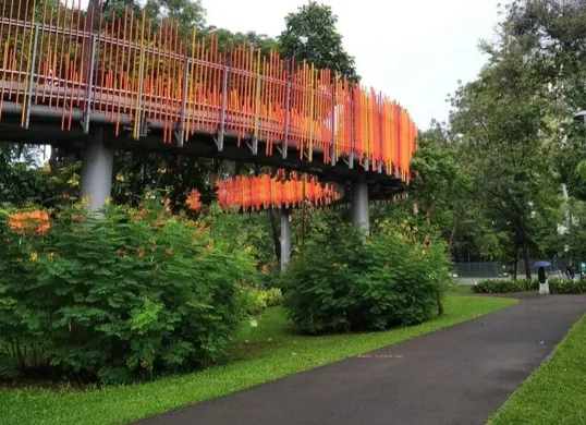 Area rindang Tebet Eco Park dengan pengunjung menikmati ketenangan pagi hari. (Sumber: Pinterest/@Addyart)