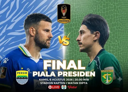 Final Piala Presiden 2026 mempertemukan Persib Bandung dan Persebaya Surabaya, pada Kamis, 6 Agustus 2026, mulai pukul 20.00 WIB. (Sumber: X/@0hbola)