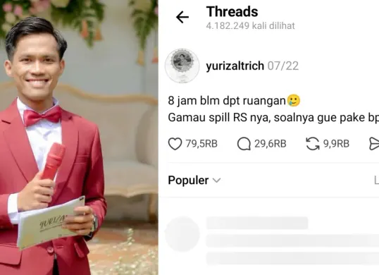 Pasien BPJS bernama Yurizal Tri Chaerawan sempat menunggu delapan jam di RSCM karena tidak dapat ruang HCU. (Sumber: Threads/@yurizaltrich dan Instagram/Wedding Content Creator Bogor)