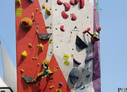 Atlet panjat tebing putri saat beraksi pada ajang Eiger Independence Sport Climbing Competition di Kota Bandung, Jawa Barat, Jumat, 14 Agustus 2026. (Sumber: Poskota/Gatot Poedji Utomo)