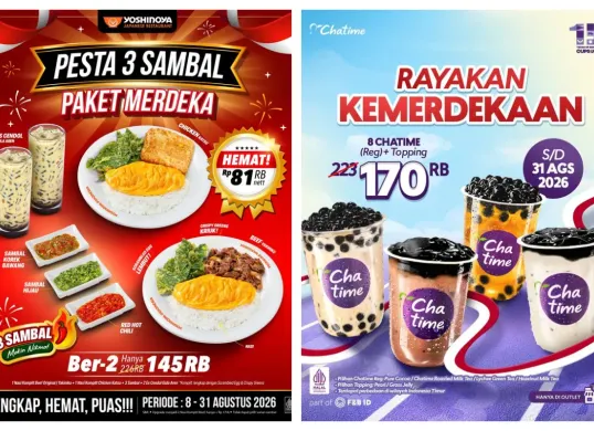Daftar promo makanan dan minuman 17 Agustus 2026 hadir dari berbagai sejumlah restoran favorit. (Sumber: Instagram/@yoshinoyaid, @chatimeindo)