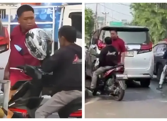 Tangkapan layar sopir Toyota Alphard yang diduga menghancurkan sepeda motor milik pengemudi ojek online (ojol) menggunakan batu. (Sumber: X/@penganutsekte)