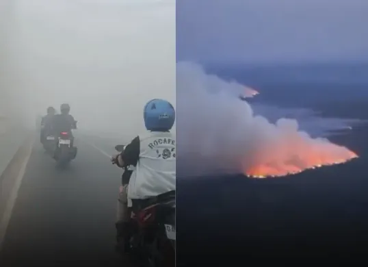 Kabut asap akibat kebakaran hutan dan lahan membuat jarak pandang warga di sejumlah wilayah Kalimantan menurun drastis hingga hanya beberapa meter. (Sumber: threads/@apluklat)