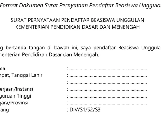 Format Surat Pernyataan Pendaftaran Beasiswa Unggulan 2026 yang disiapkan Kemendikdasmen. (Sumber: Kemendikdasmen)