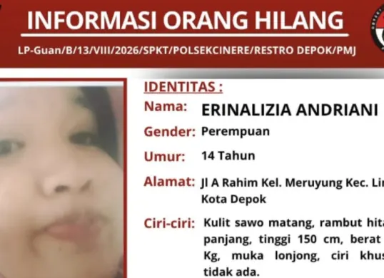 Informasi orang hilang perempuan usia 14 tahun di Depok. (Sumber: Polsek Cinere)