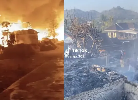 Kebakaran melanda kawasan permukiman Desa Adat Sade, Lombok Tengah, NTB, Sabtu (22/8) malam hingga menghanguskan sekitar 250 rumah adat. (Sumber: Tiktok/@varga.302)