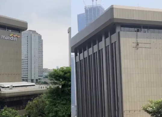 Logo Bank Mandiri terlihat dilepas dari salah satu gedungnya pada Senin, 24 Agustus 2026, menjelang aksi 27 Agustus. (Sumber: Threads/@jeff_deo)