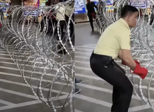 Sejumlah petugas security mengikuti pelatihan pemasangan dan pembentangan razor wire sebagai bagian dari persiapan pengamanan menjelang aksi massa 27 Agustus. (Sumber: Instagram/@medansantara)