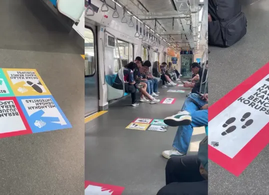 Stiker bertuliskan “Injak kalau kamu benci korupsi” di lantai MRT menjadi pesan sederhana untuk mengajak masyarakat menunjukkan sikap antikorupsi. (Sumber: Threads/@aswarww)