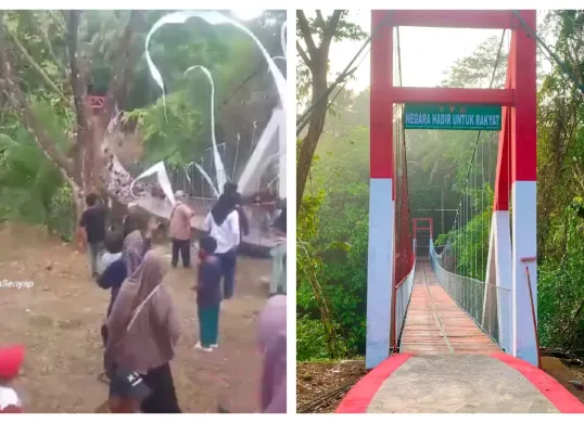 Kondisi Jembatan Gantung Pongpet setelah tali sling sisi kiri terlepas dan membuat badan jembatan menjadi miring. (Sumber: X/@NaraSenyap)